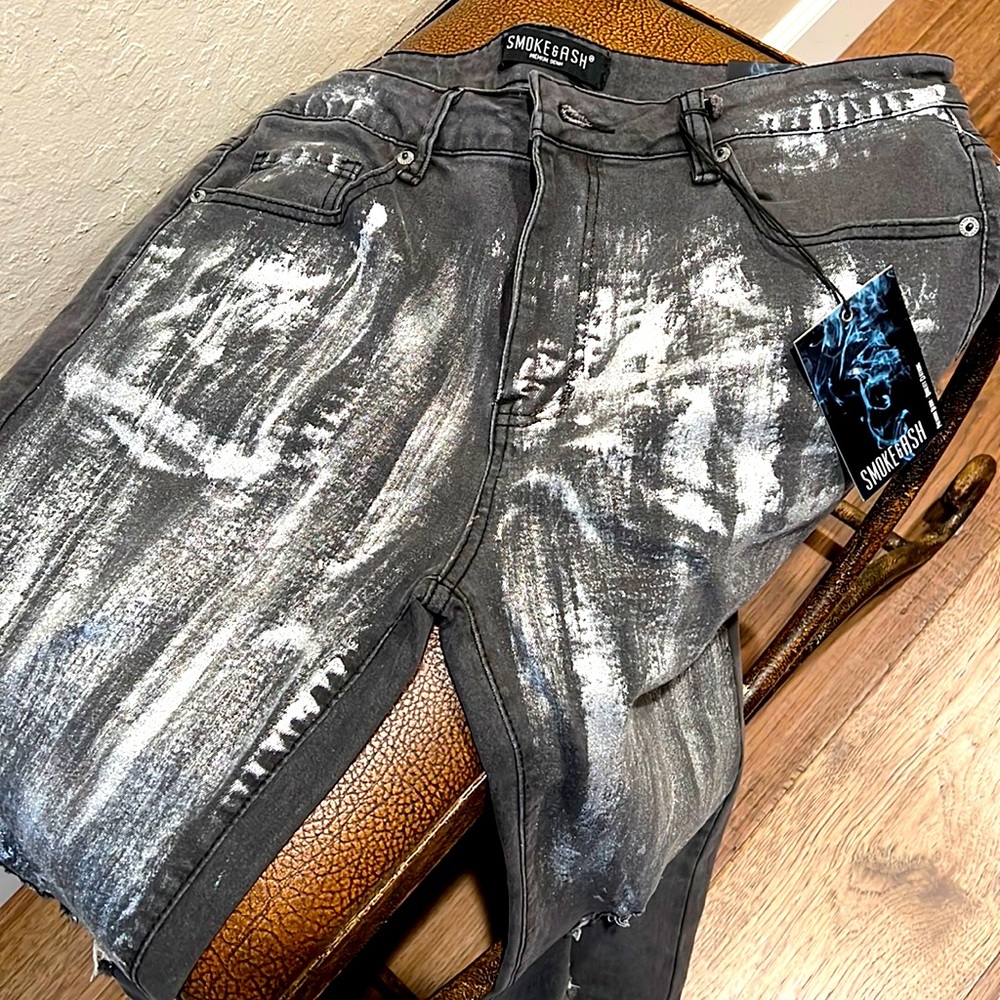 New Smoke & Ash Premium Denim Black Wash Distressed Painted Silver Artwork Jeans